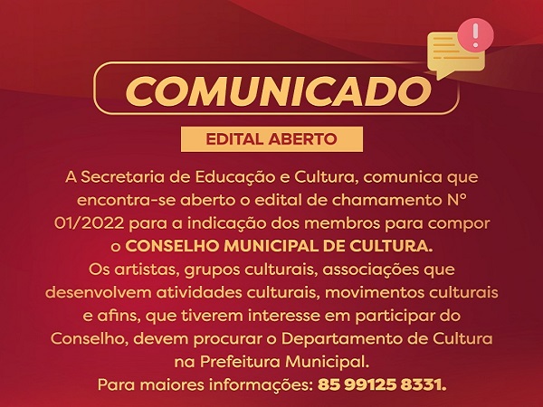 Edital de Chamamento para indicação dos membros para compor o Conselho Municipal de Cultura de Barreira